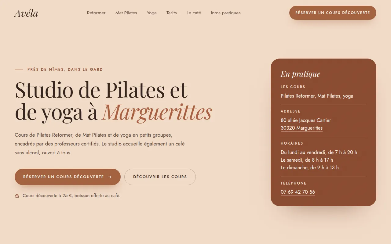 Site d'Avéla, studio de Pilates à Marguerittes